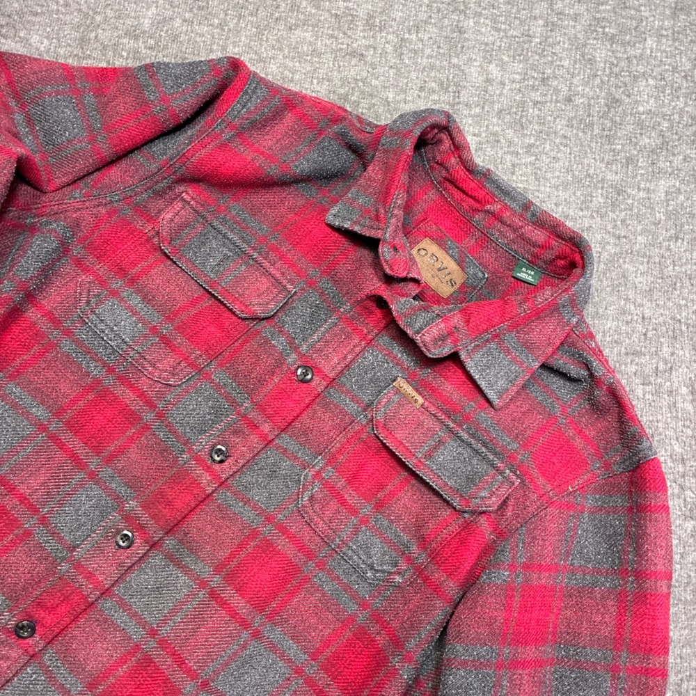 Orvis Flannel Shirt Shacket Mens XL Red Gray Plaid Heavyweight Cotton Stains